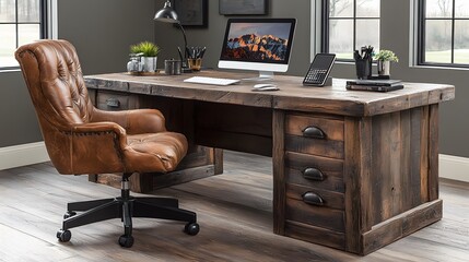 Professional workspace setup with laptop, tablet, and planner on wooden desk, industrial-style office interior