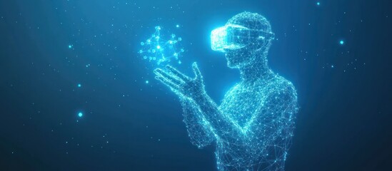 man in VR device touching virtual blue model of molecule. Low poly wireframe science