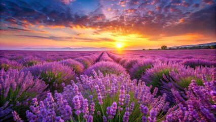 Fototapeta premium Vibrant Sunrise in Lavender Field with Blooming Purple Flowers Nature Background