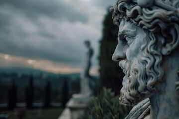 A majestic marble statue stands solemnly under a stormy sky, evoking a sense of history and artistic grandeur.