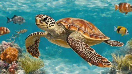 Obraz premium Colorful Cartoon Turtle Swimming in the Sea