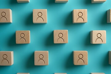 Obraz premium Connected Individuals Wooden Blocks Representing Teamwork on Blue Background