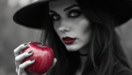 A woman in a witches hat holds a red apple