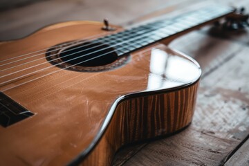 This close-up of an acoustic guitar on wooden floorboards exudes rich textures and resonates with...