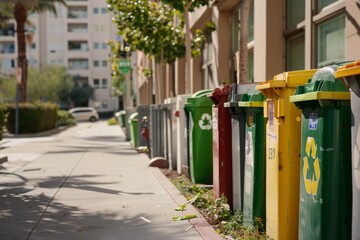 A row of colorful recycling bins lines a city sidewalk, reflecting an urban commitment to sustainability amidst a sunny day.