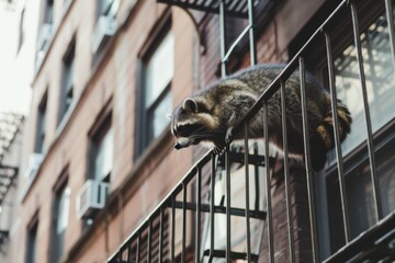 A raccoon delicately navigates a fire escape in an urban setting, blending into the textured backdrop of old brick buildings.
