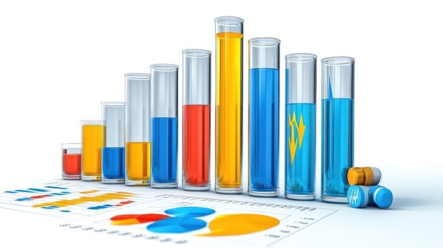 Colorful test tubes and graphs illustrating data analysis.