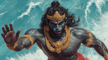Lifelike Hanuman Leaping Over Ocean Waves