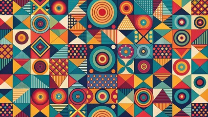 Fototapeta premium Abstract geometric pattern with circles, triangles, and various shapes in vibrant colors for background, design, textile, print, wallpaper, decoration, art, fashion, template, post