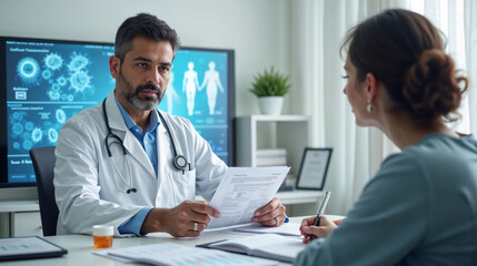 Fototapeta premium Professional doctor reviews medical reports next to female patient. Doctor Analyzing Medical results in bright office. on background Screen with Patient data