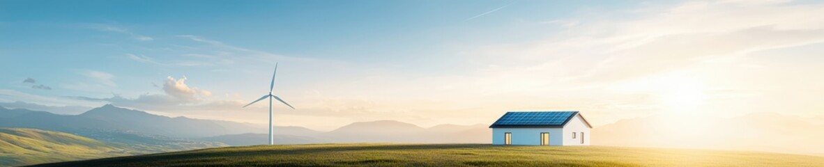 Modern Home With Solar Panel and Wind Turbine