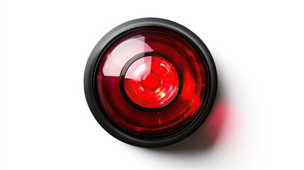 Single red siren light, isolated on white, glowing with strong contrast, top view highlighting lens and base details