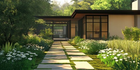 Obraz premium modern dark brown and cream sustainable house with green plants and flowers and beautiful entry path landscape 