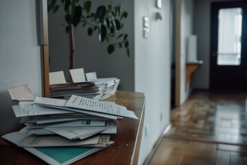 A hallway filled with a pile of unsorted letters and papers atop a wooden surface, suggesting a busy household routine.