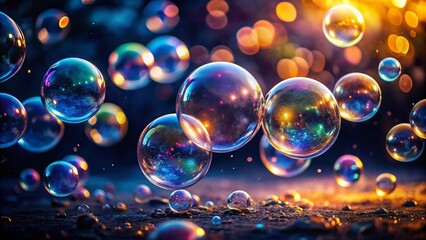 Enchanting Night Photography of Clear White Bubbles Floating in the Dark Sky