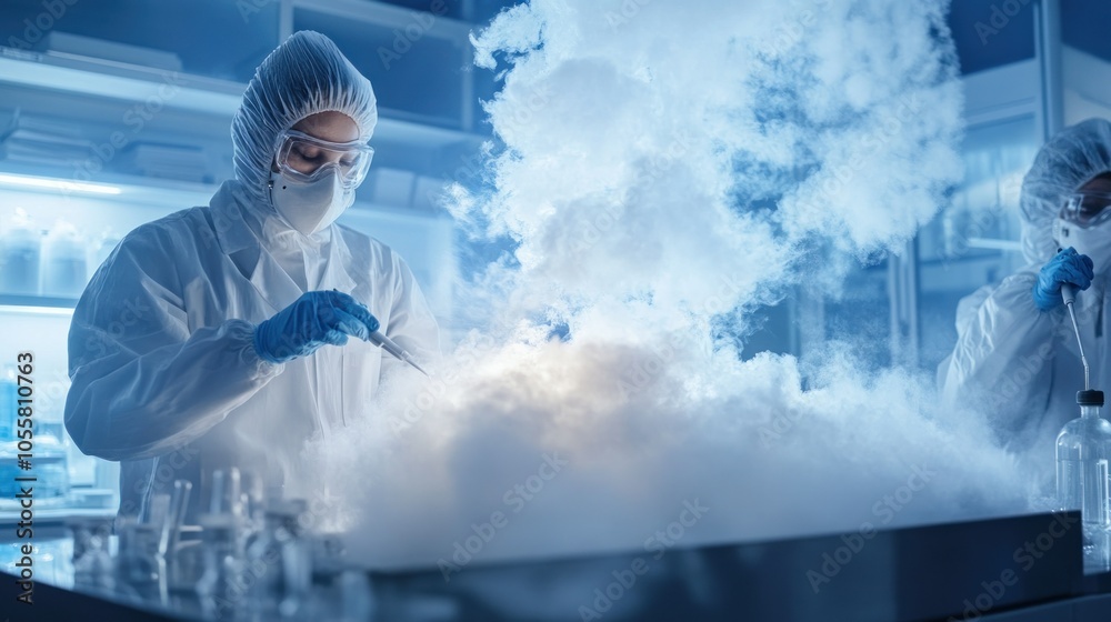 Poster scientist in protective gear working with dry ice in a laboratory