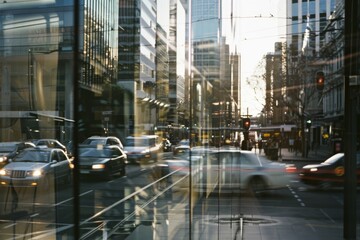 Fototapeta premium Urban reflections blur the line between reality and illusion, city life pulses through glass.