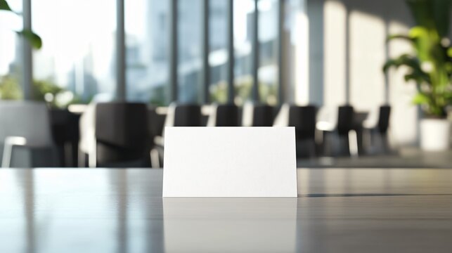 Empty office table with a blank white name tag in a modern conference room, bright natural light highlights the minimalist design.