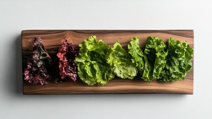 Sliced green and red lettuce on wooden board, isolated, white background