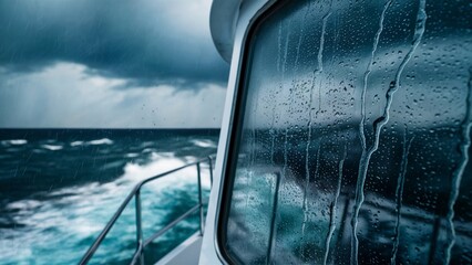 Obraz premium Rain-Streaked Window Overlooking a Stormy Sea