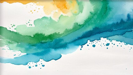 Obraz premium Abstract watercolor background with vibrant blue and green brush strokes and splashes copy space