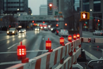 Fototapeta premium City street barriers and red lights guide the flow of traffic amidst towering buildings, creating a scene of urban infrastructure and order.