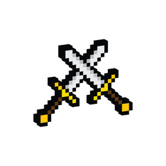 Obraz premium isometric two swords pixel art icon vector 8 bit sword game company logo template