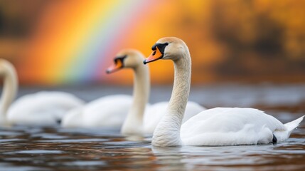 Obraz premium Swans Swimming Under a Shining Rainbow