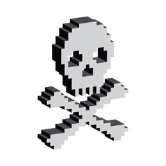 isometric Skull and bones icon 8 bit, pixel pirate icon for game logo.