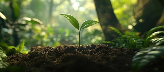 A small green plant sprout grows in rich, dark soil.