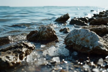 Obraz premium Sunlit stones embrace the gentle lap of a vast, serene sea against a clear azure sky.