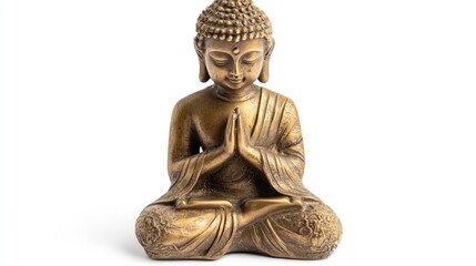 Obraz premium Small Buddha statue in gold, isolated on white, serene and intricate craftsmanship