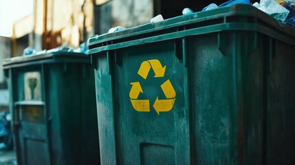 Daytime urban recycling bins brimming with plastic bottles