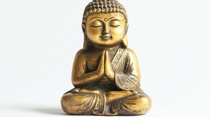 Fototapeta premium Small gold Buddha statue, isolated on white, peaceful expression, traditional style