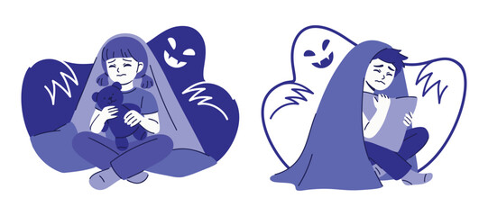 Set of two vector illustrations with kids hiding under the blanket from the monster behind. Сhildhood nightmare, emotion of fear, bad dreams concept. Minimalist drawing for article, advertising, print