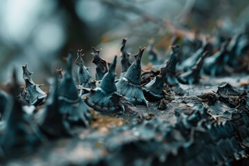 Sharp thorns on a branch capture this natural close-up, evoking resilience and the unyielding essence of wild growth, with a moody blue-gray backdrop.