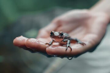 Obraz premium A small, vibrant frog perches in a gentle hand, droplets accentuating its delicate skin, embodying life and trust in an intimate natural setting.