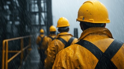 Oil Rig Operators in Hard Hats Under Rainy Conditions
