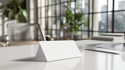 Modern office with a blank nameplate on a desk, large windows, and green plants, conveying a professional and minimalist workspace environment.