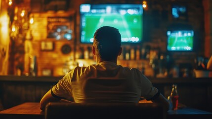 Watching a thrilling football match in a lively sports bar at night
