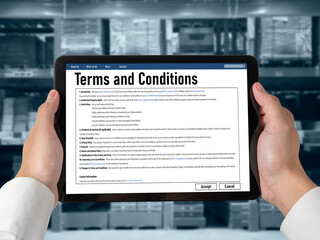 Digital legal contract provide terms and conditions document on computer screen ready for online digital signature for deal agreement of future business snugly