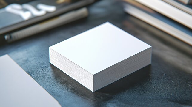 Stack of blank white cards on a rustic desk, surrounded by office supplies, ready for creative ideas and artistic expression.