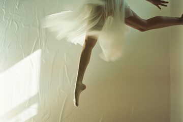 A dancer mid-leap embodies grace and fluidity, with light streaming through a softly lit room, capturing movement and ethereal elegance.