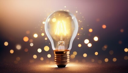 Glowing lightbulb amidst sparkles and mist on a soft gradient background.