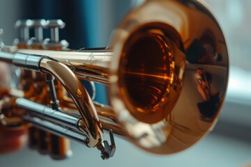 Fototapeta premium Close-up of a gleaming brass trumpet capturing reflections, intricately displaying its curves, valves, and musical craftsmanship with radiant elegance.