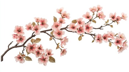 Soft pink sakura branch, isolated on white, beautiful cherry blossom flowers in full bloom