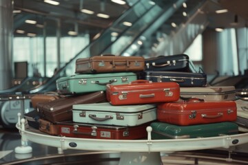 A stack of vintage suitcases is artistically arranged in an elegant airport setting, evoking memories of classic travel.