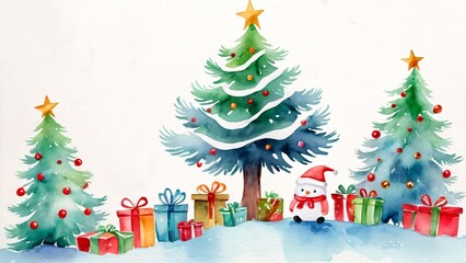 Fototapeta premium Snowman with Christmas trees and colorful presents in a festive holiday setting
