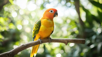 A Sun Conure Perched on a Branch with a Blurred Green Background