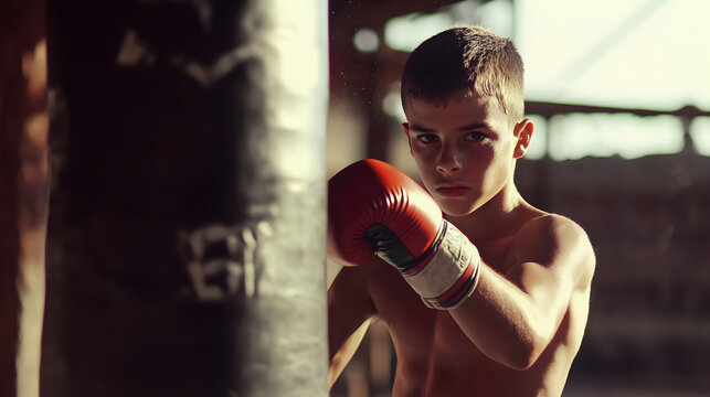 un ni&ntilde;o peque&ntilde;o practicando boxeo haciendo deporte box entrenando con disciplina y esfuerzo haciendo ejercicio 